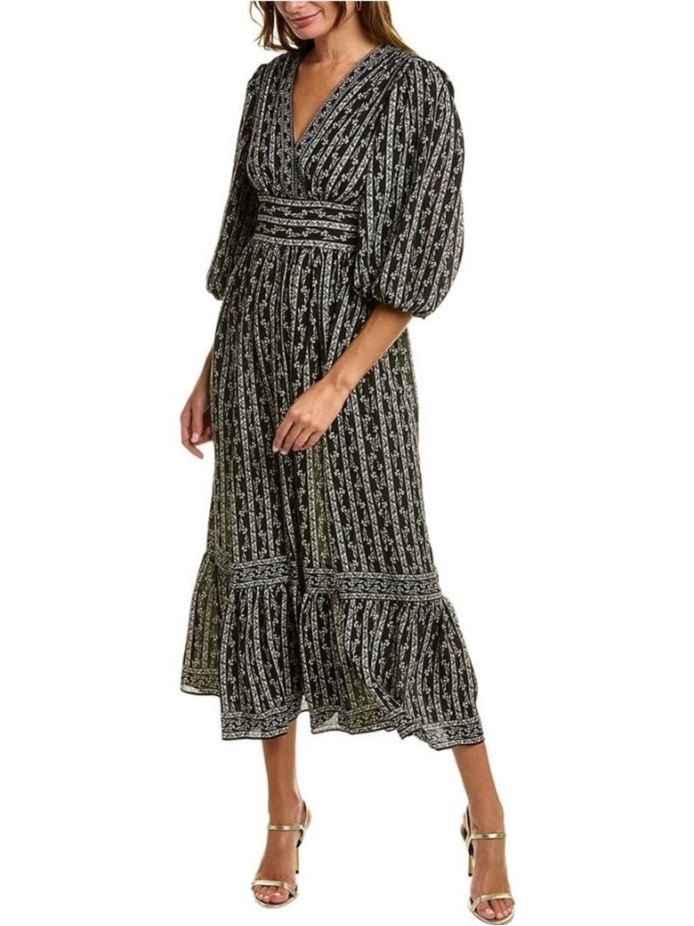 Max studio black Floral V-Neck Smocked Waist Midi/maxi Dress with puff sleeves